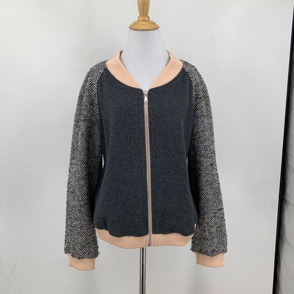 Rebecca Minkoff Jacket Womens L Large Grey Pink Herringbone Wool Blend Contrast - Picture 2 of 14